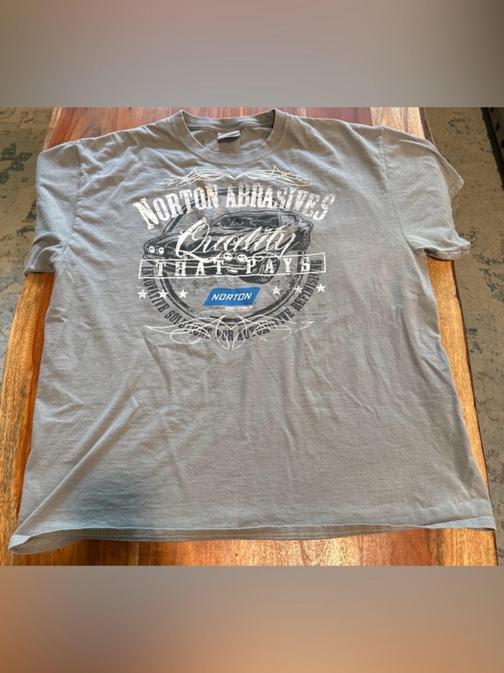 Norton Abrasives Vintage Gray Graphic Short Sleeve Tee with Blue Accent Size XL
